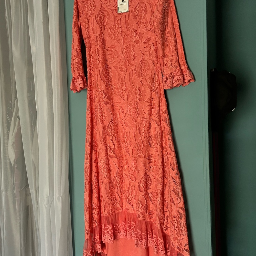 Dainty Jewells Orange Pink High Low Sundress with Bell Sleeves